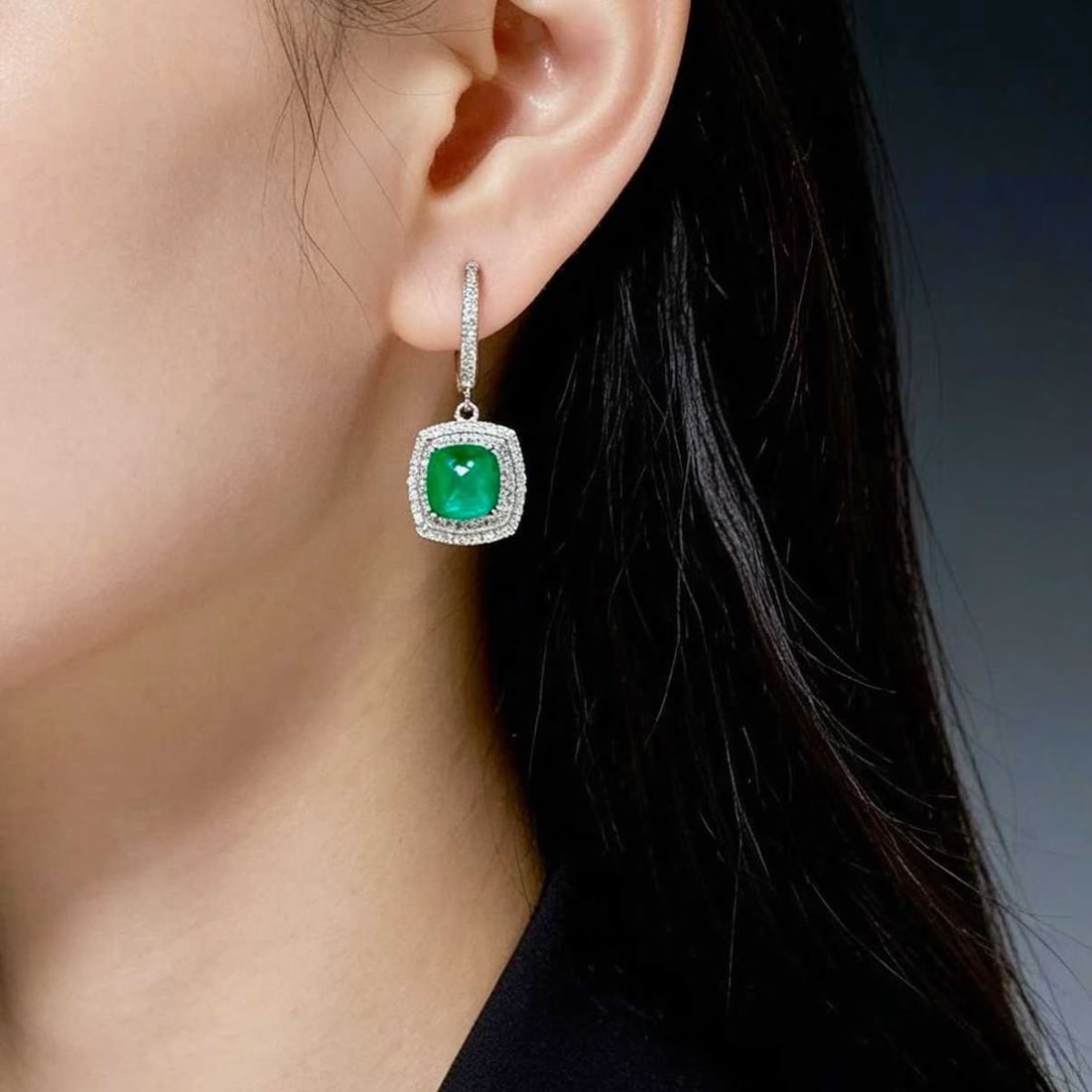14k Gold 2.3 Ct Natural Emerald & Diamond Earrings - 2