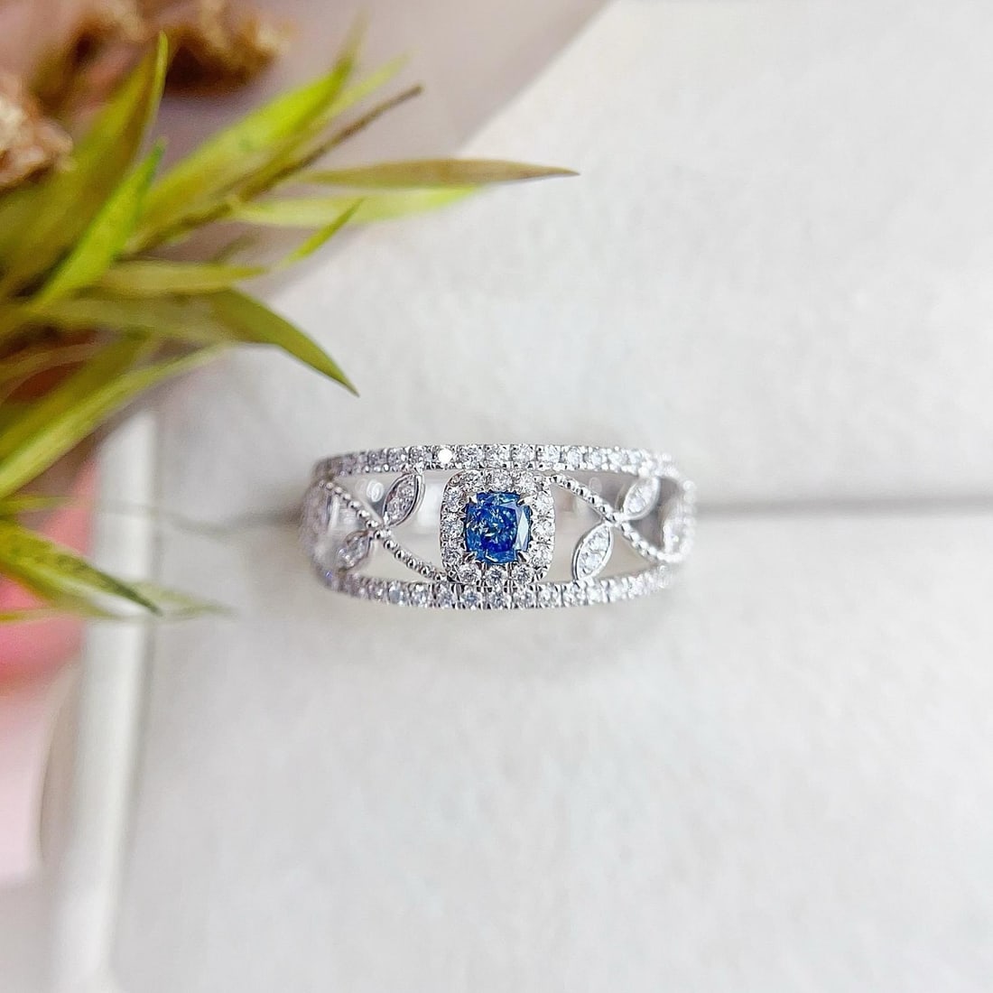 14k Gold 0.45 Ctw Natural Blue Diamond & Diamond Ring: Ref:231193136 // gold content:14k gold // ring size:7. 25us // // main gemstone:blue diamond // shape:cushion // carat weight:0. 15ct // color:blue // treatment:natural // // adjacent gemstone 2 : dia