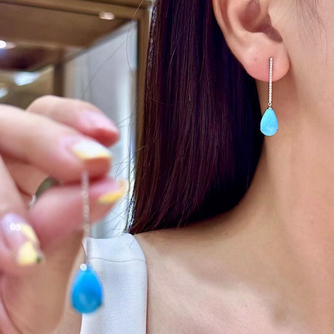 14k Gold 5.95 Ctw Natural Blue Turquoise & Diamond Earrings - 4