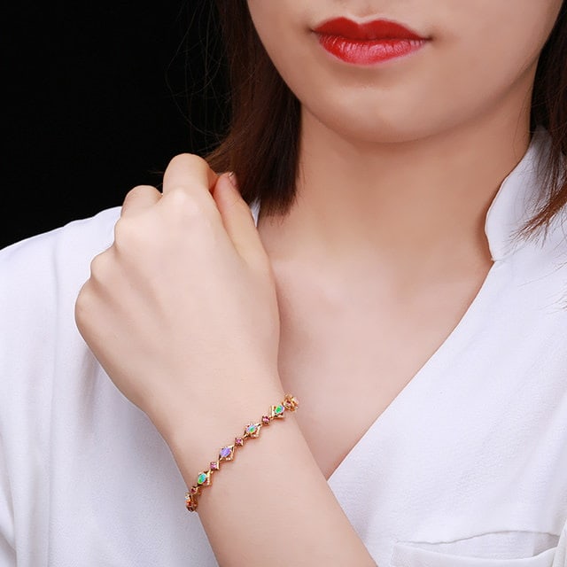 14k Gold 1.67 Ctw Natural Opal & Diamond Bracelet - 6