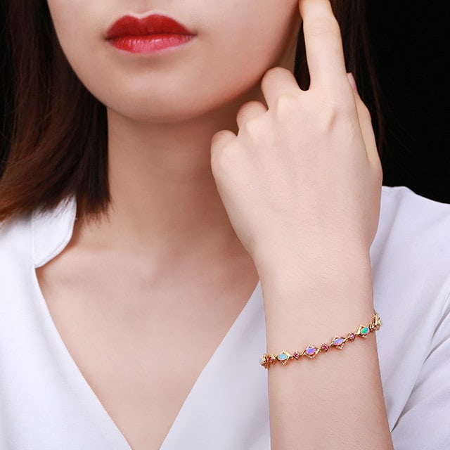 14k Gold 1.67 Ctw Natural Opal & Diamond Bracelet - 7
