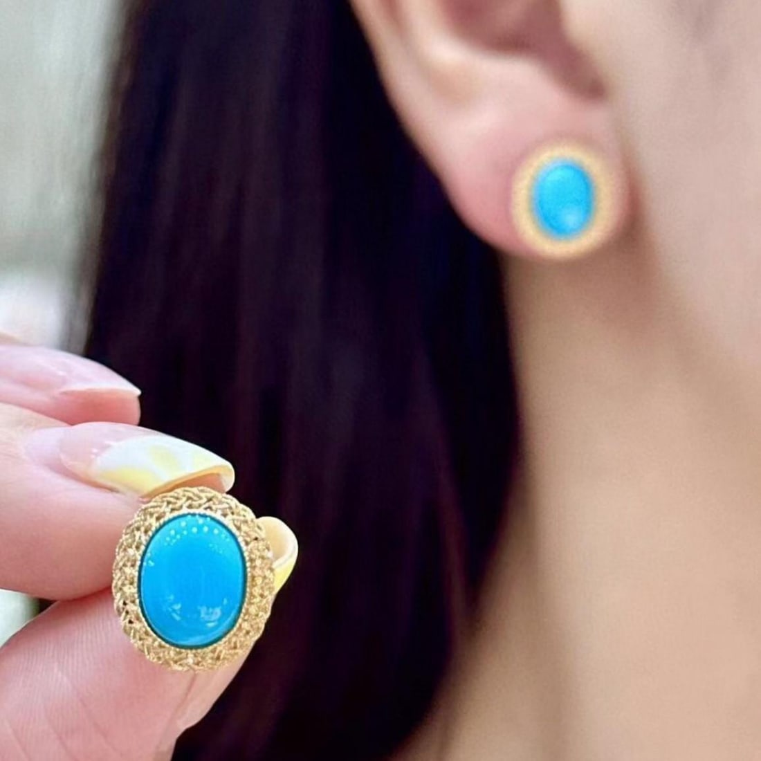 14k Gold 8.86 Ct Natural Blue Turquoise Earrings - 4