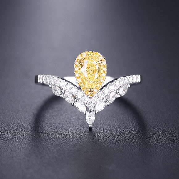 14k Gold 0.71 Ctw Natural Yellow Diamond & Diamond Ring: Ref:231193228 // gold content:14k gold // ring size:7. 25us // // main gemstone:yellow diamond // shape:pear // carat weight:0. 34ct // color:yellow // treatment:natural // // adjacent gemstone 2 :