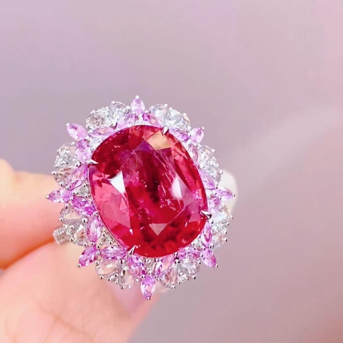 14k Gold 8.7 Ct Natural Tourmaline & Diamond & Sapphire Ring: Ref:231193245 // gold content:14k gold // ring size:7. 25us // // main gemstone:tourmaline // shape:oval // carat weight:8. 7ct // color:red // treatment:natural // // adjacent gemstone 2 : diamond