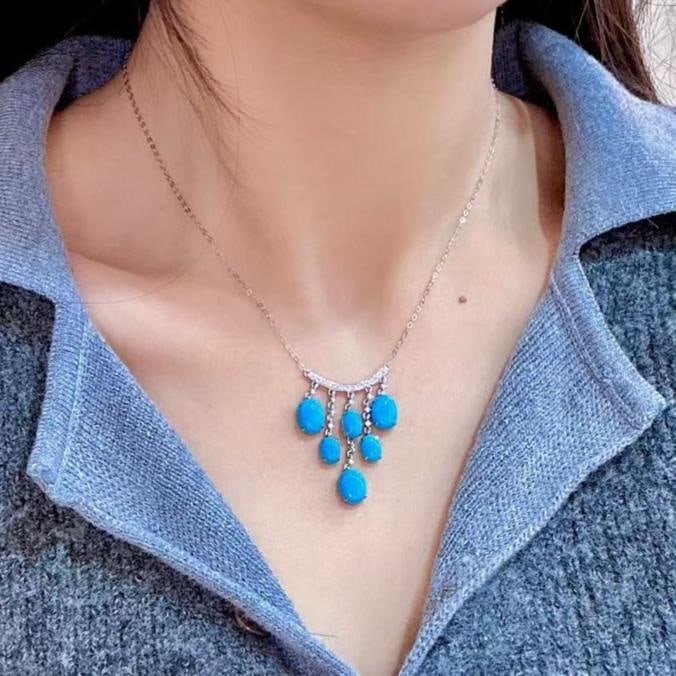 14k Gold 7.73 Ctw Natural Blue Turquoise & Diamond Necklace - 4