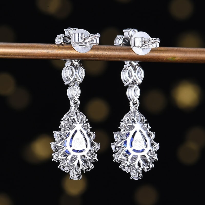 14k Gold 1.58 Ct Natural Sapphire & Sapphire & Diamond Earrings - 2