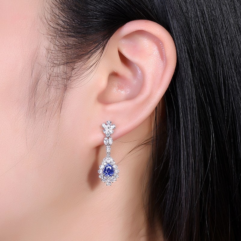 14k Gold 1.58 Ct Natural Sapphire & Sapphire & Diamond Earrings - 4