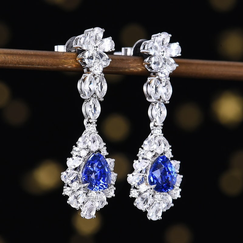 14k Gold 1.58 Ct Natural Sapphire & Sapphire & Diamond Earrings - 5