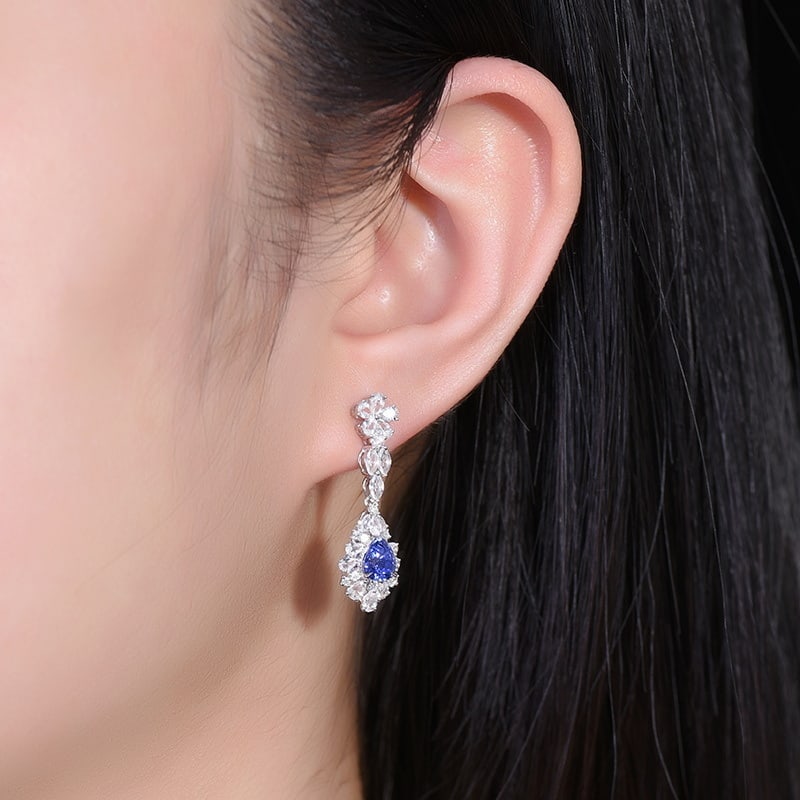 14k Gold 1.58 Ct Natural Sapphire & Sapphire & Diamond Earrings - 6