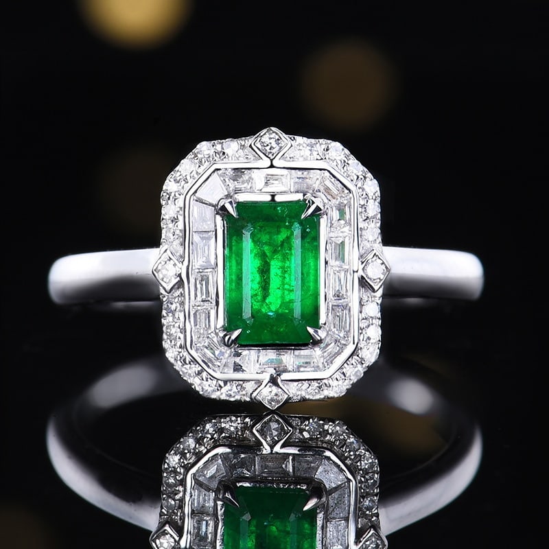 14k Gold 1.06 Ctw Vivid Green Natural Emerald & Diamond Ring: Ref:231194031 // gold content:14k gold // ring size:7. 25us // // main gemstone:emerald // shape:octagonal // carat weight:0. 78ct // color:vivid green // treatment:natural // // adjacent gemstone 2