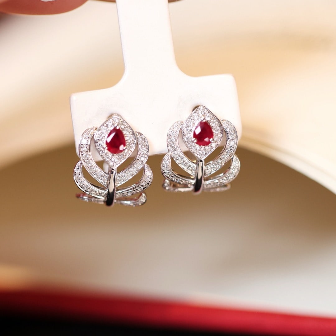 14k Gold 0.68 Ctw Vivid Red Natural Ruby & Diamond Earrings - 2