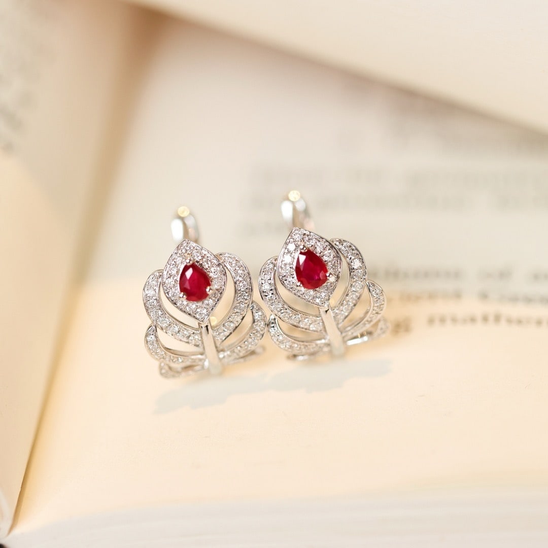 14k Gold 0.68 Ctw Vivid Red Natural Ruby & Diamond Earrings - 7