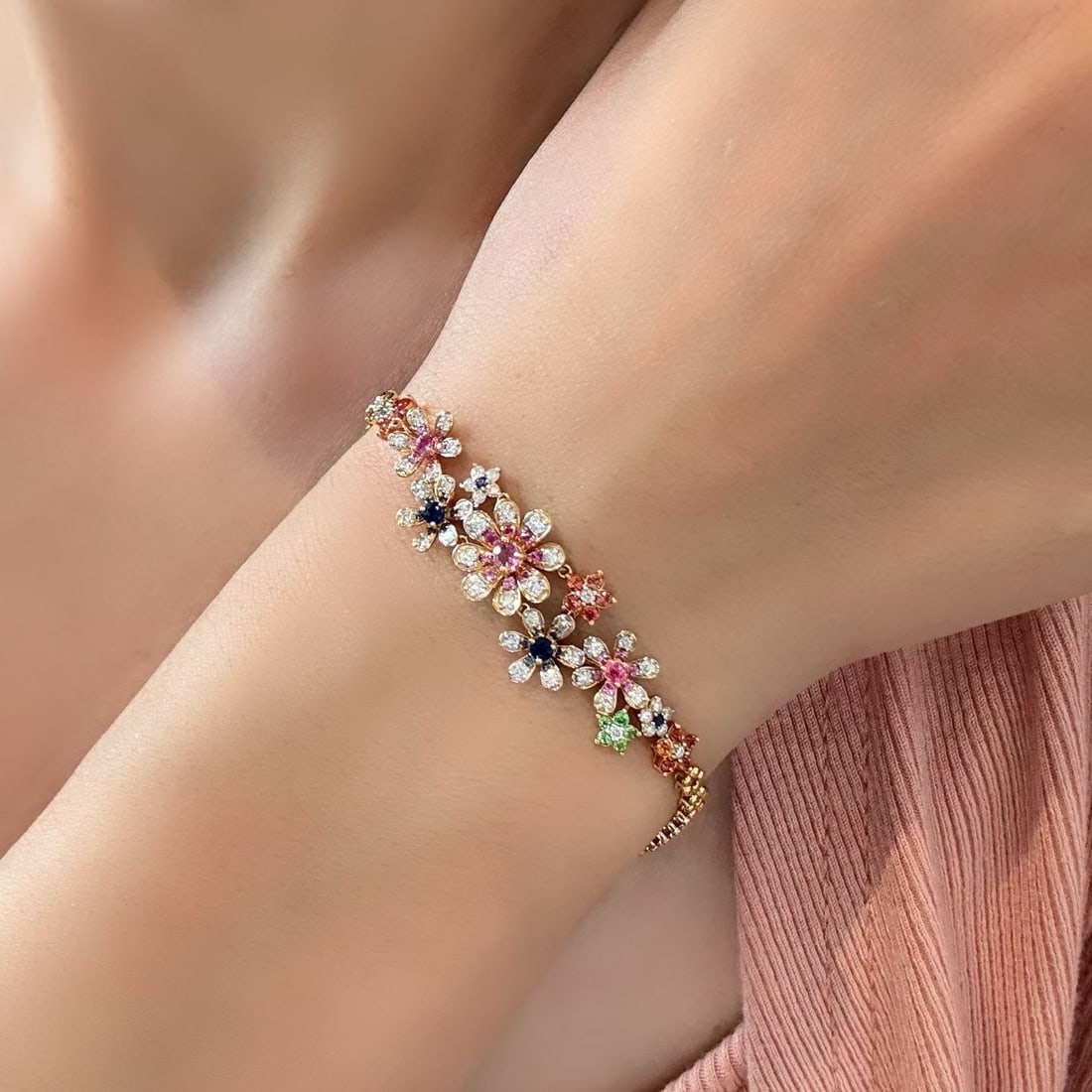 14k Gold 1.98 Ctw Natural Coloured Gemstone & Diamond & Flowers Bracelet - 5
