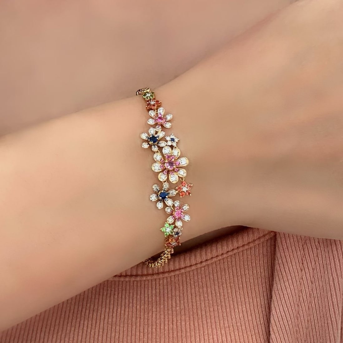14k Gold 1.98 Ctw Natural Coloured Gemstone & Diamond & Flowers Bracelet - 6
