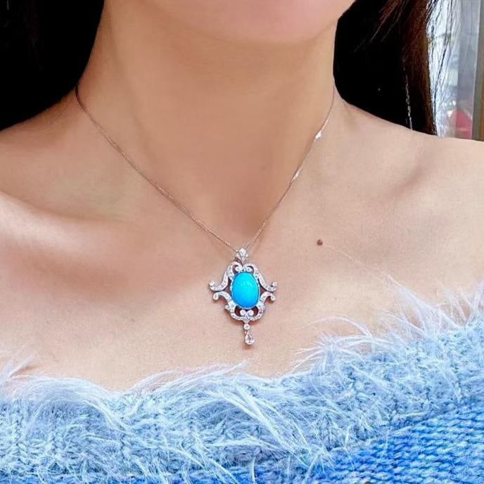 14k Gold 5.56 Ctw Natural Blue Turquoise & Diamond Pendant( Without Chain ) - 3