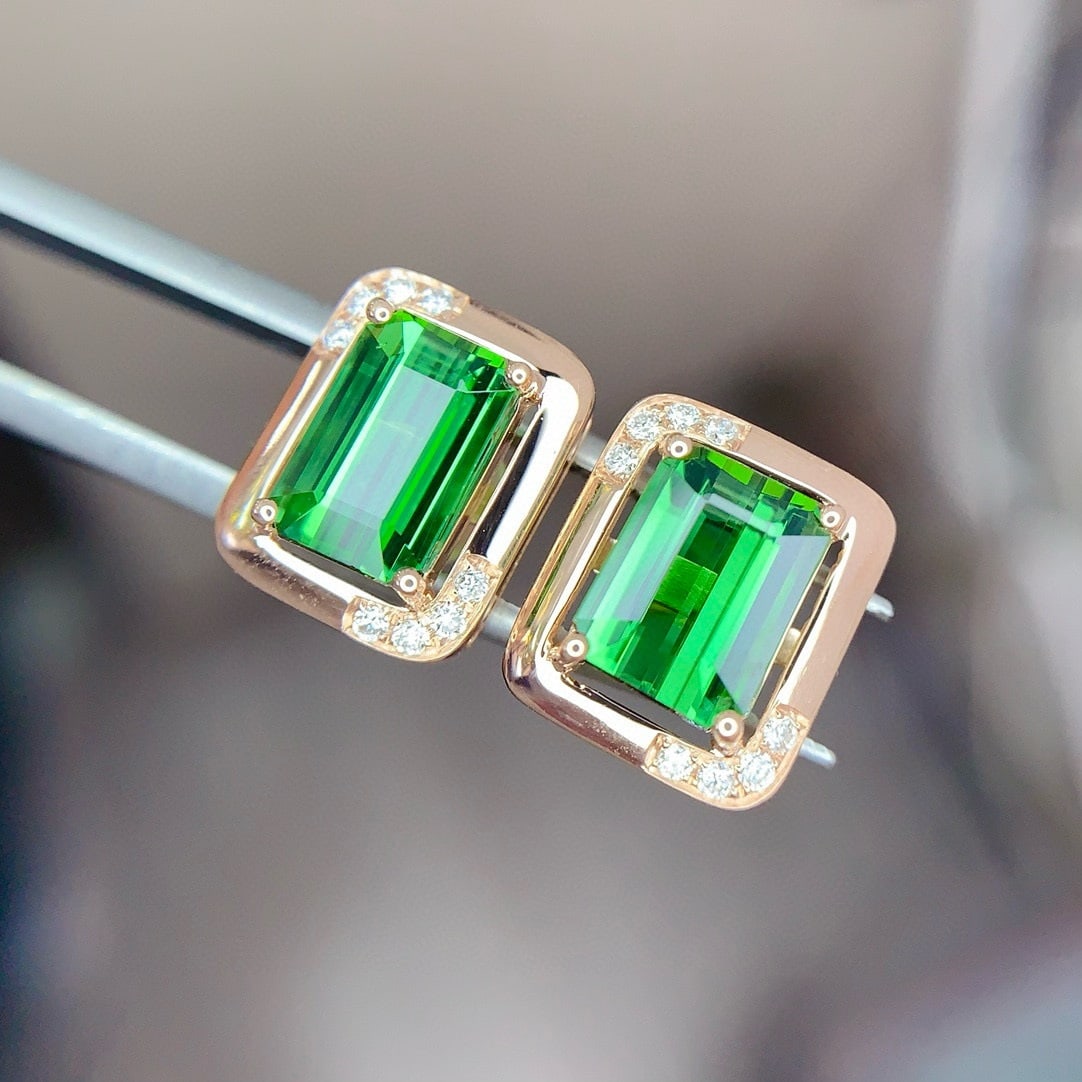 14k Gold 3.05 Ct Natural Tourmaline & Diamond Earrings - 2