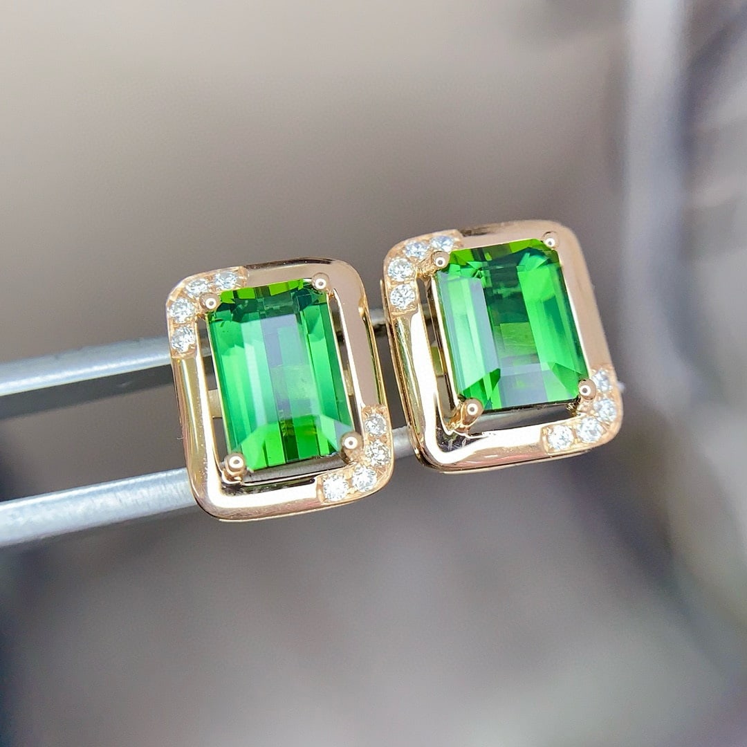 14k Gold 3.05 Ct Natural Tourmaline & Diamond Earrings - 3