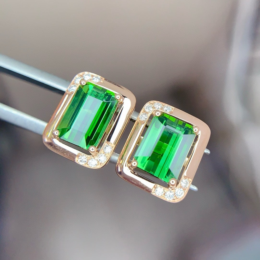 14k Gold 3.05 Ct Natural Tourmaline & Diamond Earrings - 4