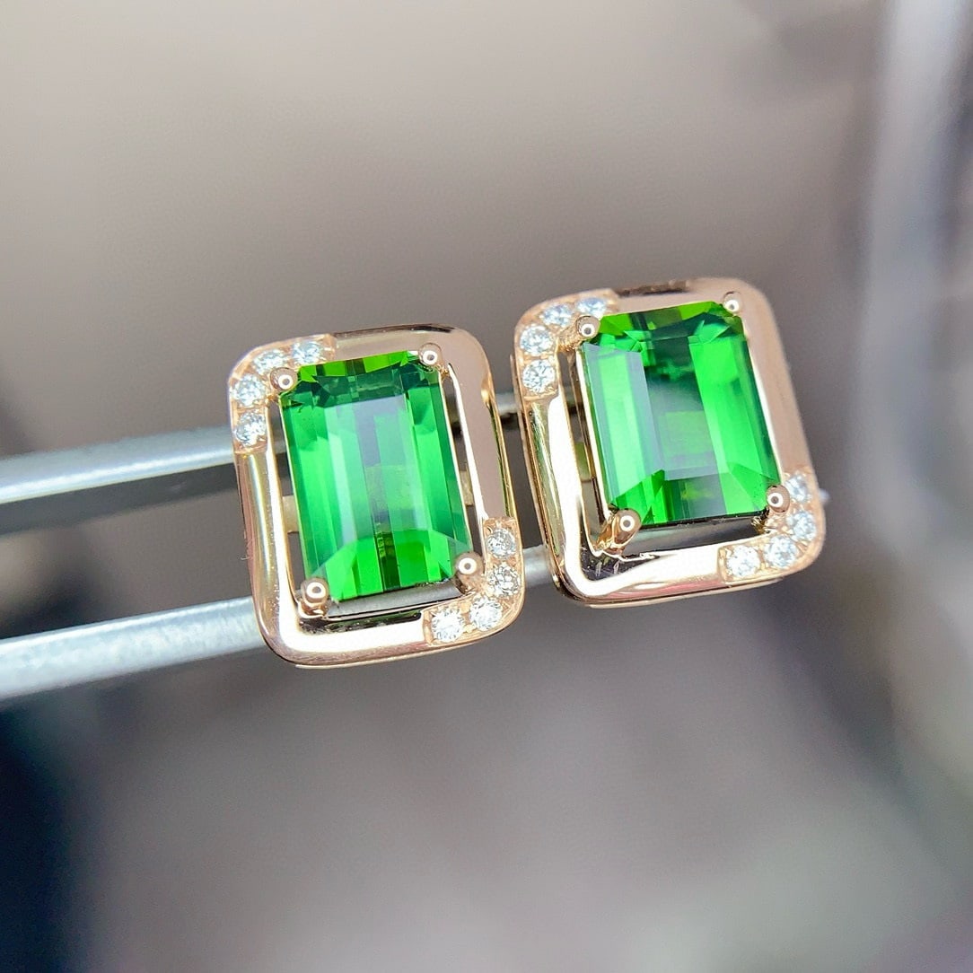 14k Gold 3.05 Ct Natural Tourmaline & Diamond Earrings - 5