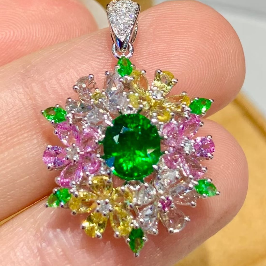 14k Gold 1.05 Ct Vivid Green Natural Tsavorite & Diamond & Coloured Gemstone Pendant( Without Chain - 2