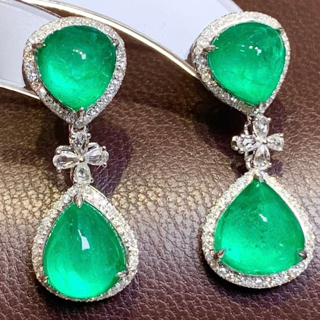 14k Gold 7.3 Ct Natural Emerald & Diamond & Sapphire Earrings - 2