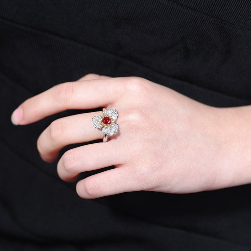 14k Gold 1.05 Ctw Natural Ruby & Diamond & Flowers Ring - 5