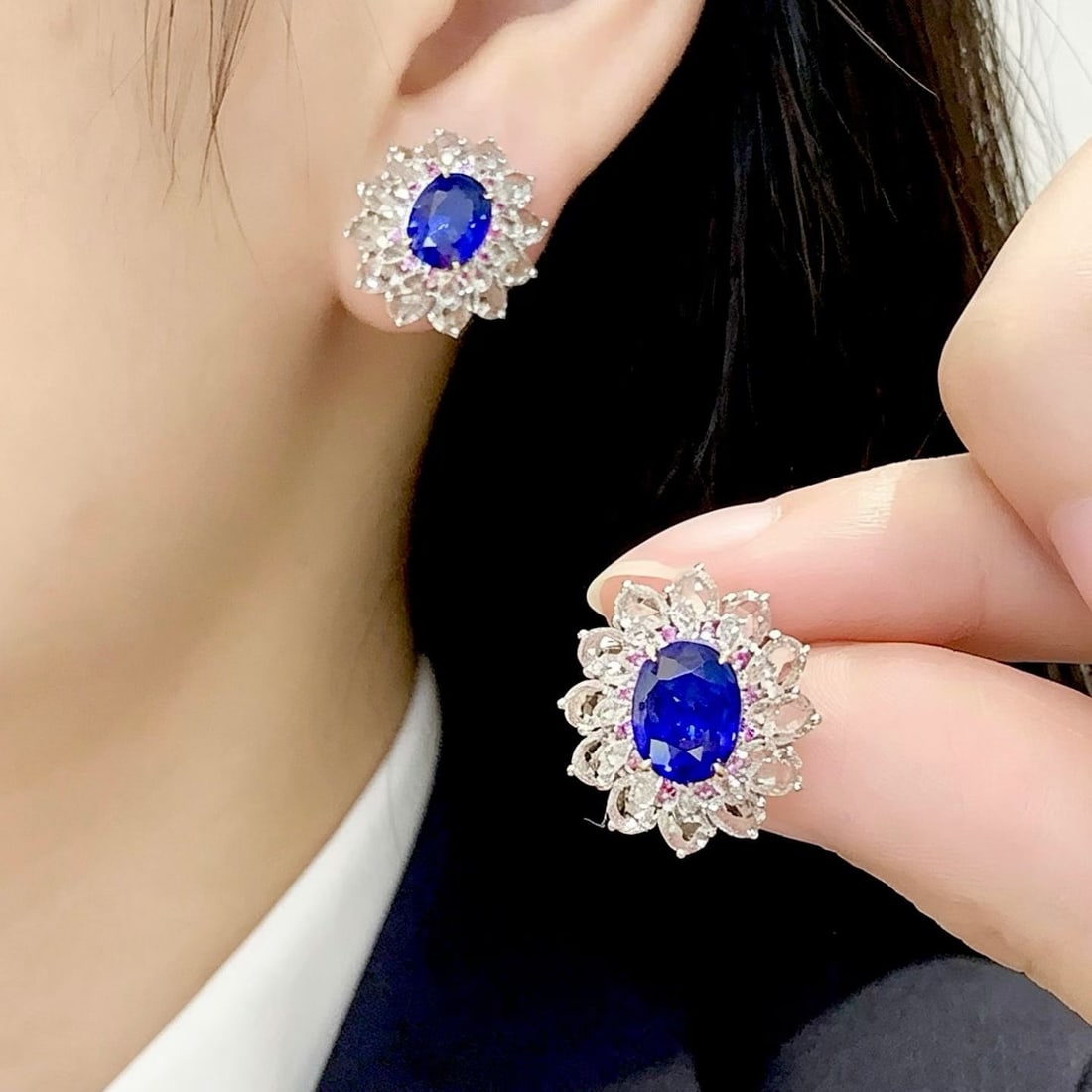 14k Gold 3 Ct Natural Sapphire & Sapphire Earrings - 3