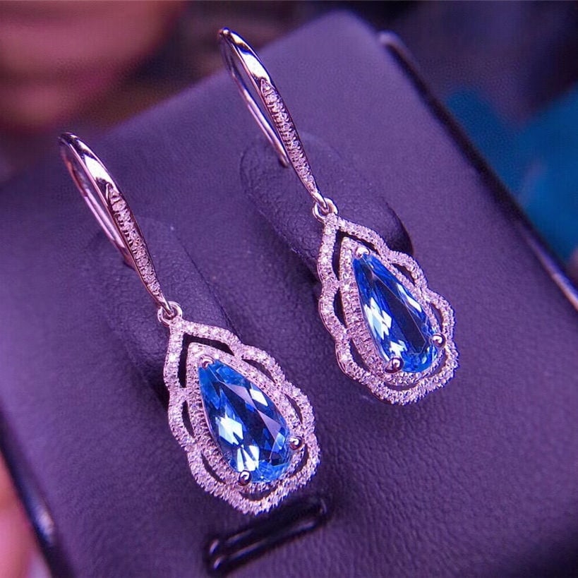 14k Gold 2.6 Ct Natural Aquamarine & Diamond Earrings - 3
