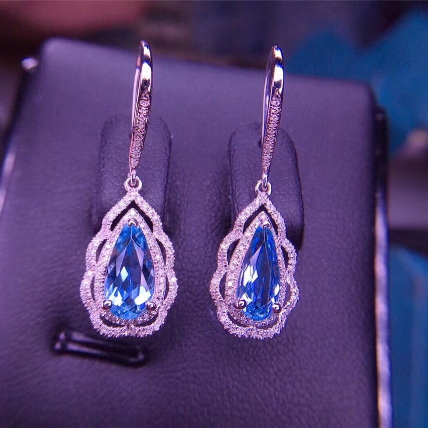 14k Gold 2.6 Ct Natural Aquamarine & Diamond Earrings - 5