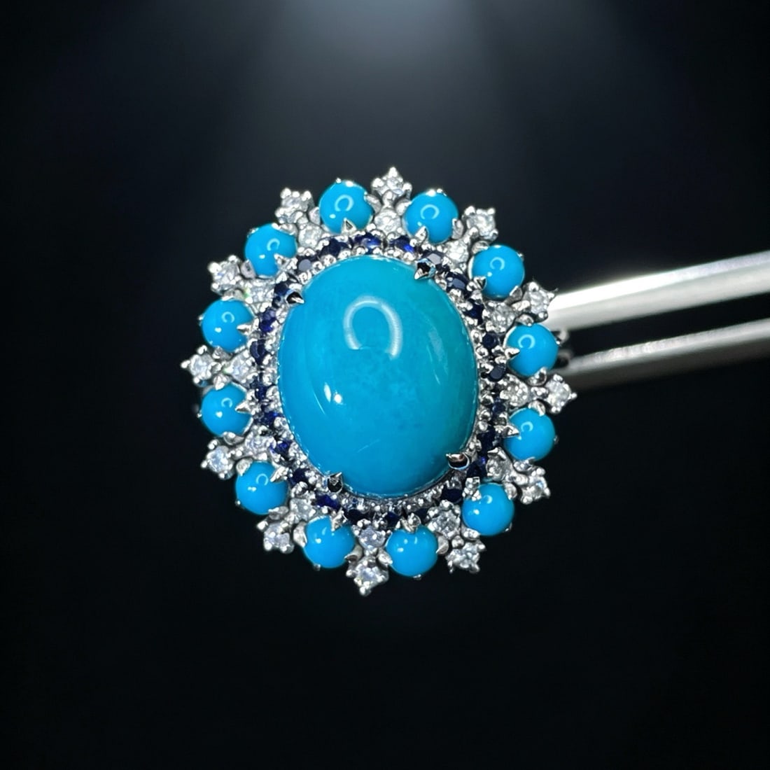 14k Gold 3.95 Ctw Natural Blue Turquoise & Diamond Ring - 3