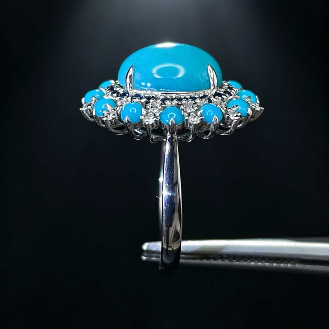 14k Gold 3.95 Ctw Natural Blue Turquoise & Diamond Ring - 4