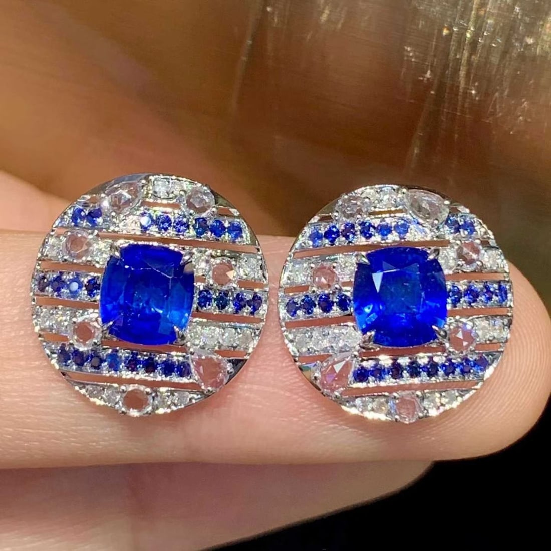 14k Gold 1.68 Ct Natural Sapphire & Diamond & Sapphire Earrings - 2