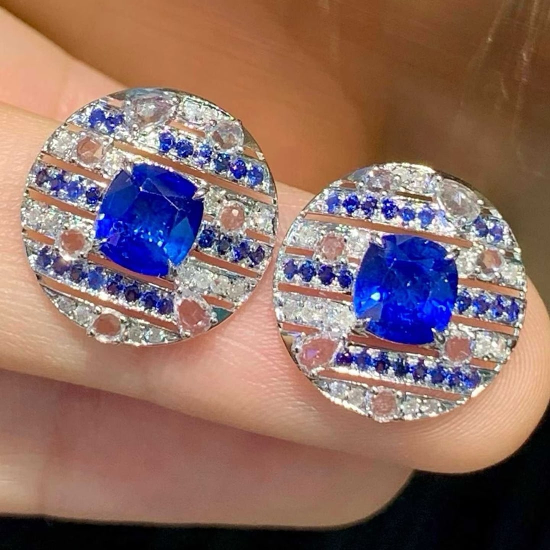14k Gold 1.68 Ct Natural Sapphire & Diamond & Sapphire Earrings - 3