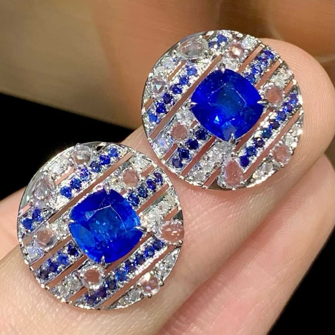 14k Gold 1.68 Ct Natural Sapphire & Diamond & Sapphire Earrings - 4