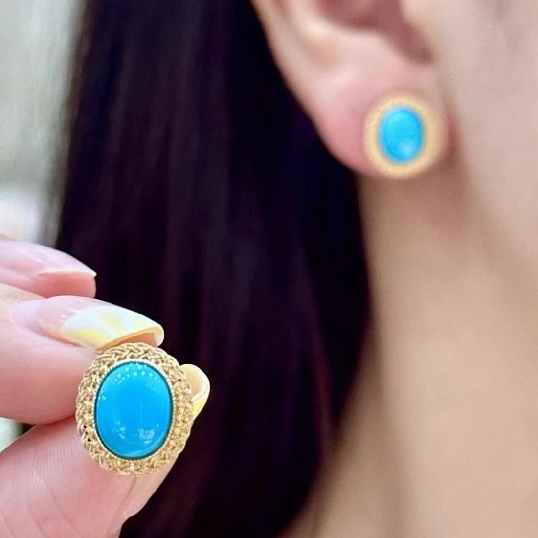 14k Gold 8.86 Ct Natural Blue Turquoise Earrings - 4
