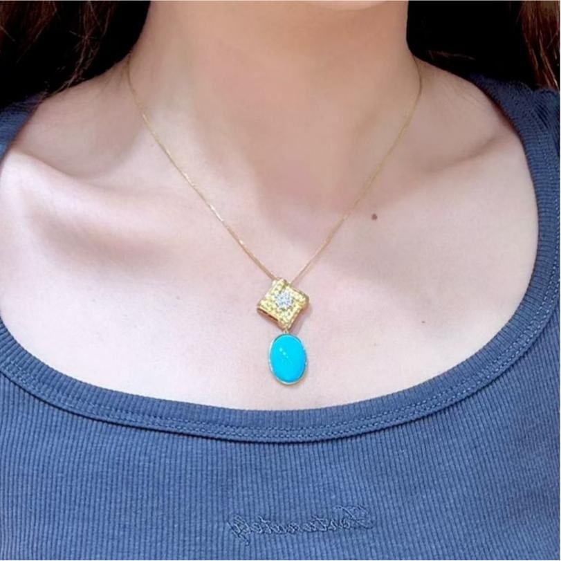 14k Gold 8.78 Ctw Natural Blue Turquoise & Diamond Pendant( Without Chain ) - 3