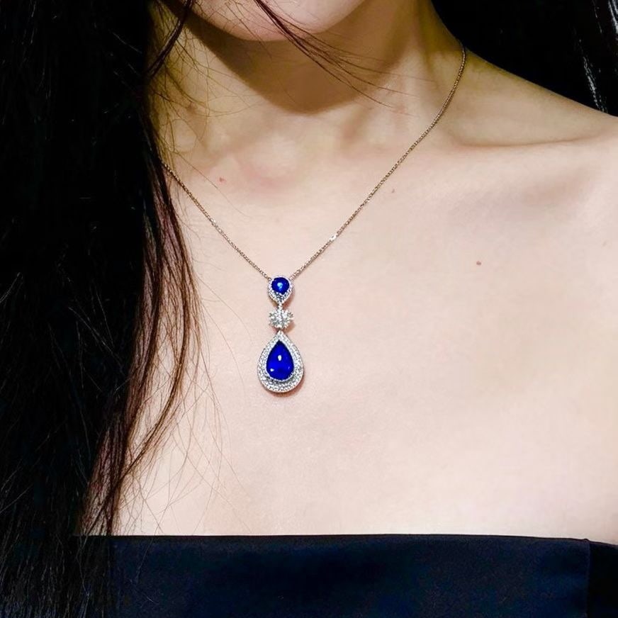 14k Gold 2 Ct Vivid Blue Natural Sapphire & Diamond & Sapphire Pendant( Without Chain ) - 6