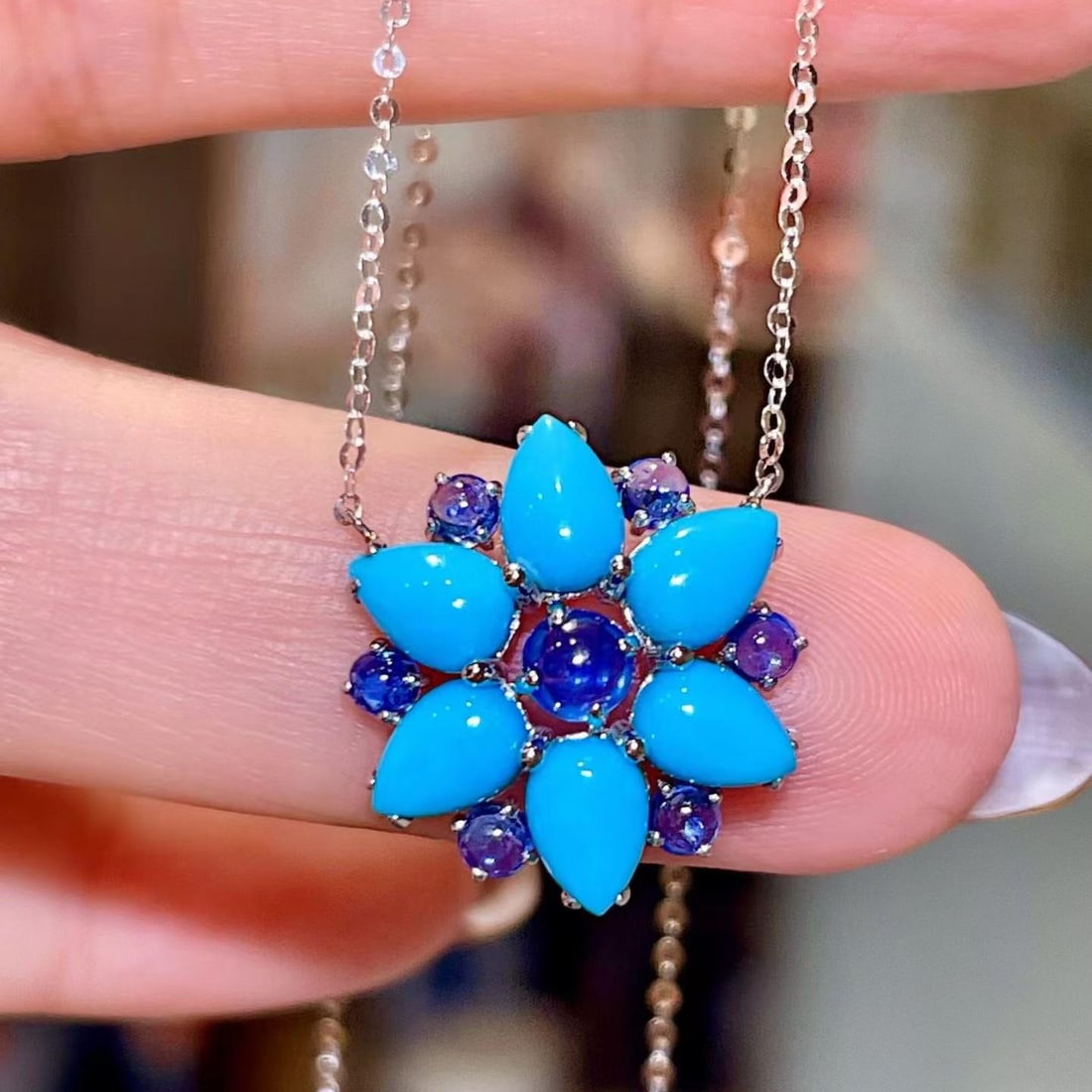 14k Gold 3.15 Ctw Natural Blue Turquoise & Sapphire Necklace: Ref:231194182 // gold content:14k gold // main gemstone:blue turquoise // shape:pear // carat weight:2. 37ct // color:blue // treatment:natural // // adjacent gemstone 2 : sapphire // shape:round // c