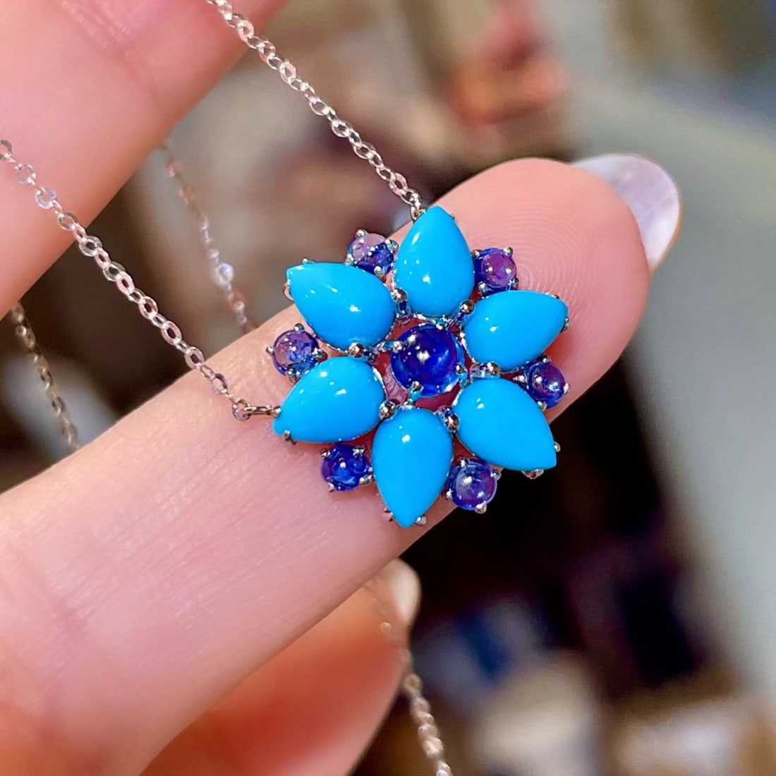 14k Gold 3.15 Ctw Natural Blue Turquoise & Sapphire Necklace - 2