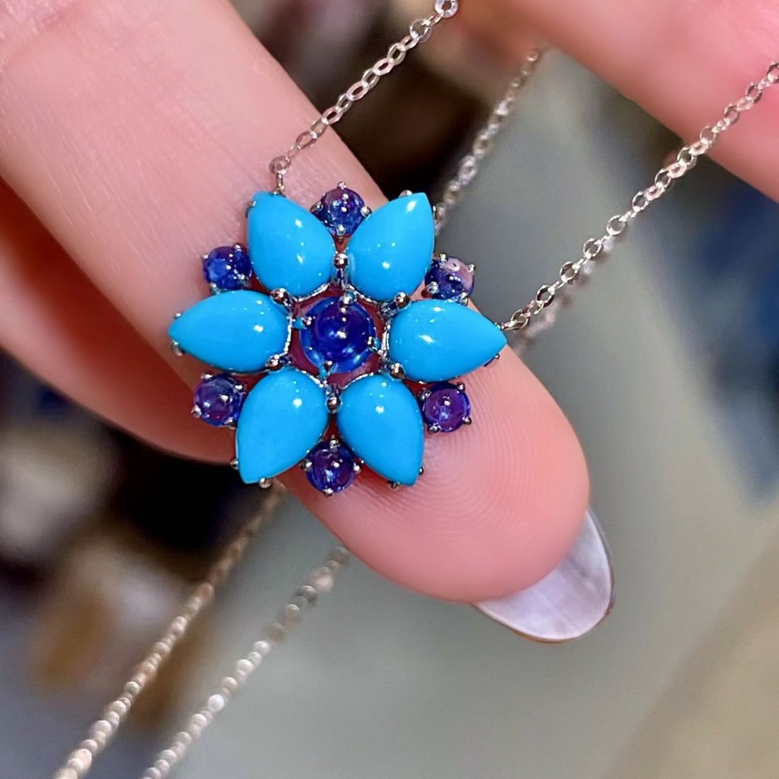 14k Gold 3.15 Ctw Natural Blue Turquoise & Sapphire Necklace - 3
