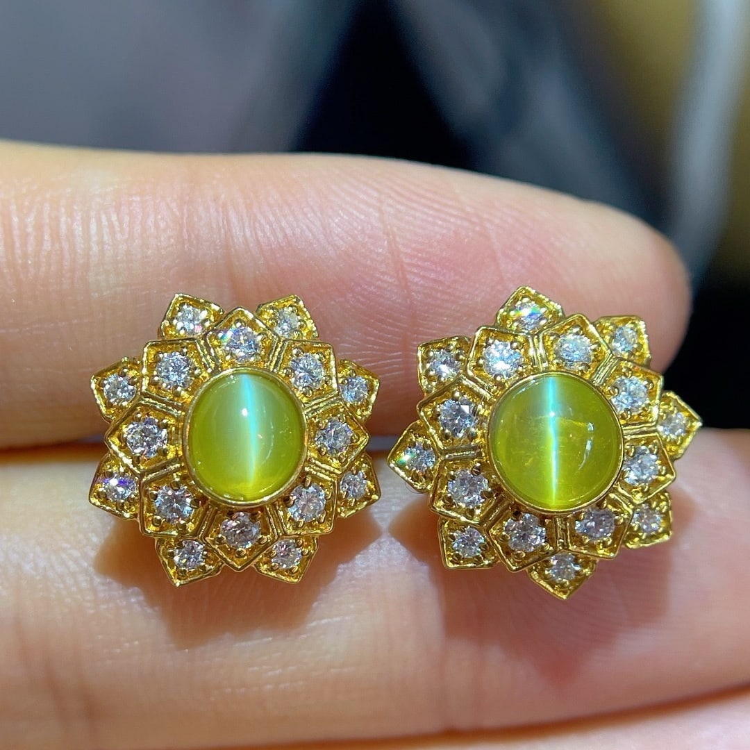 14k Gold 2.15 Ct Natural Cat's?Eye Chrysoberyl & Diamond Earrings: Ref:231194185 // gold content:14k gold // main gemstone:cat's? Eye chrysoberyl // shape:round // carat weight:2. 15ct // color:yellow // treatment:natural // cut grade:g // // adjacent gemstone 2 :