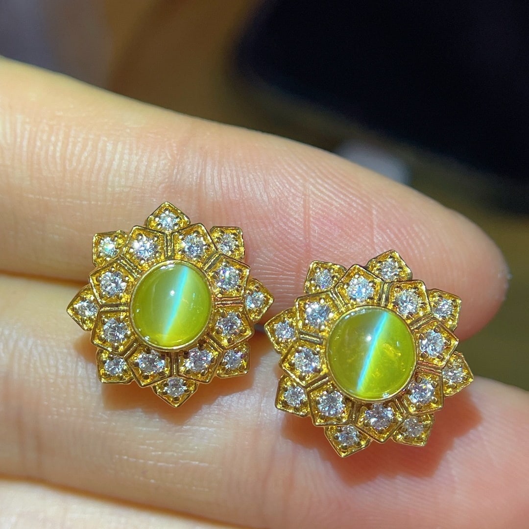 14k Gold 2.15 Ct Natural Cat's?Eye Chrysoberyl & Diamond Earrings - 2