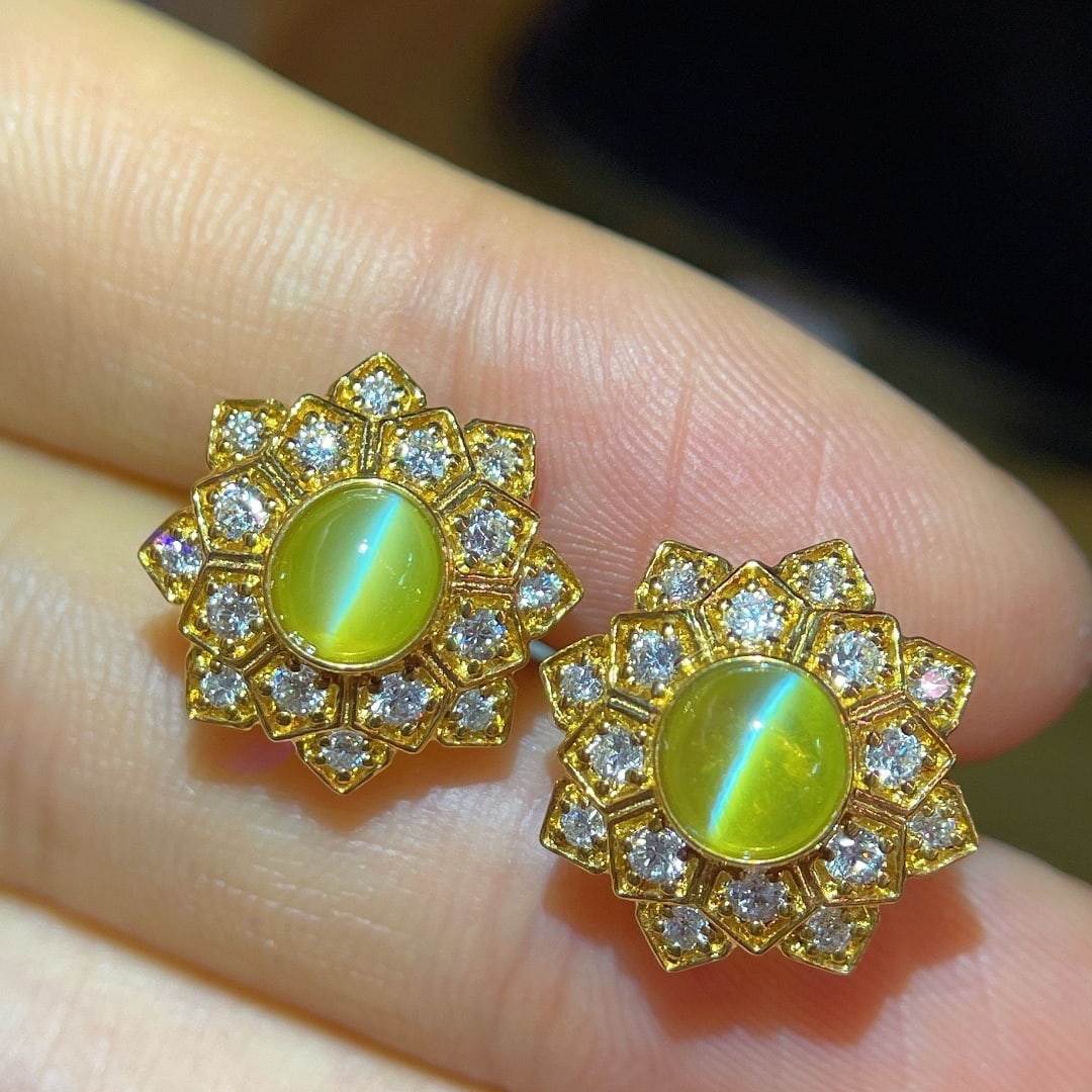 14k Gold 2.15 Ct Natural Cat's?Eye Chrysoberyl & Diamond Earrings - 3