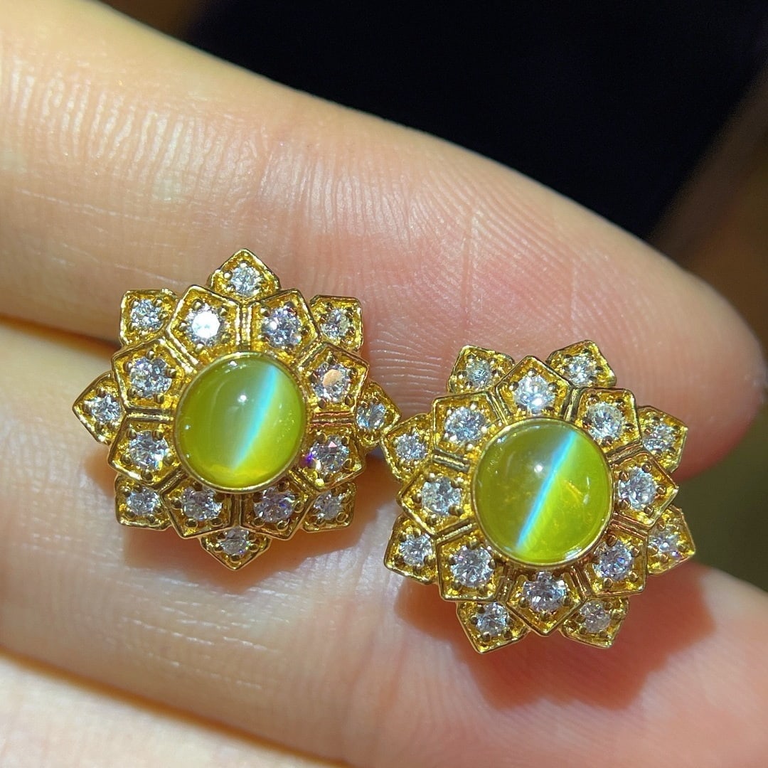 14k Gold 2.15 Ct Natural Cat's?Eye Chrysoberyl & Diamond Earrings - 4