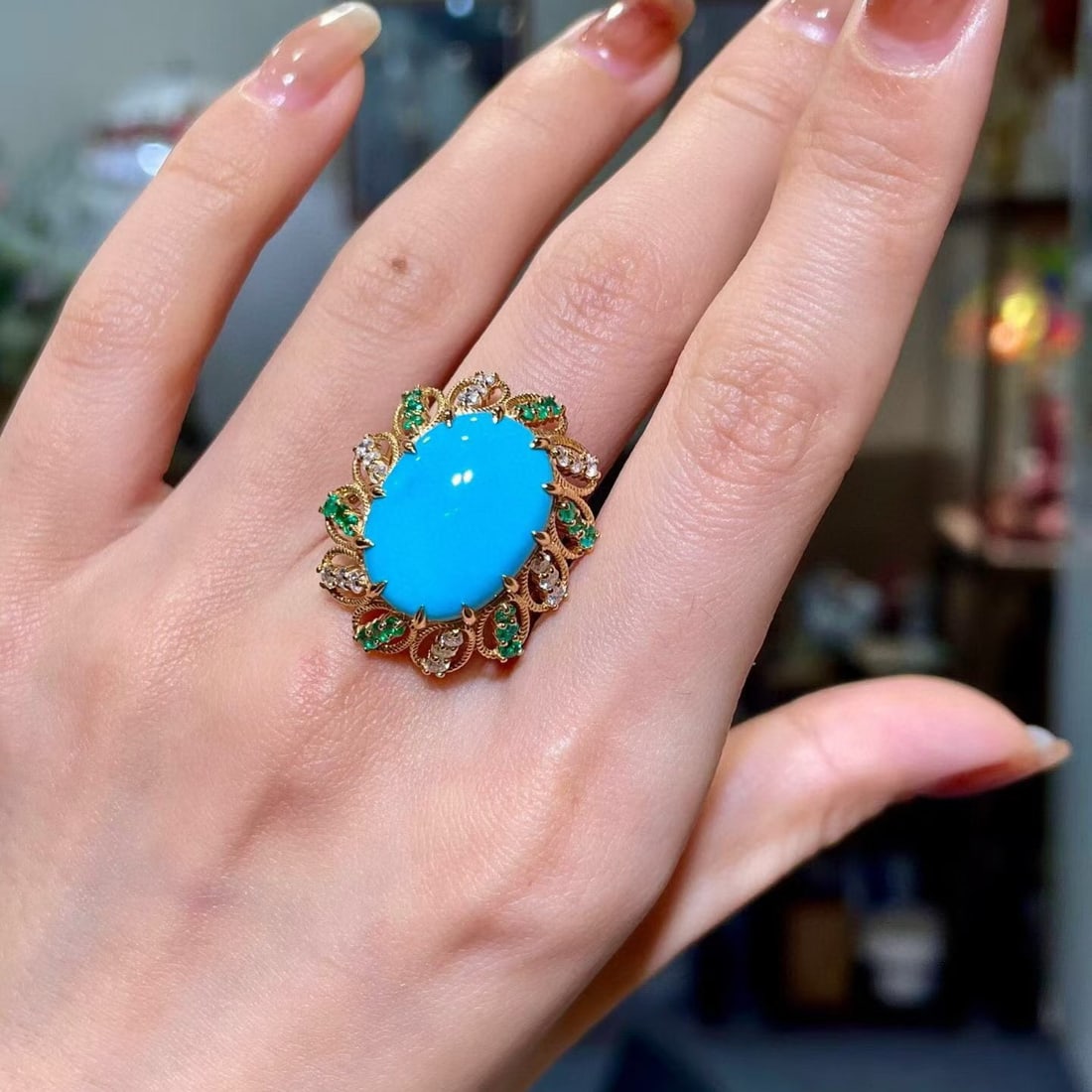 14k Gold 9.28 Ctw Natural Blue Turquoise & Emerald Ring - 2