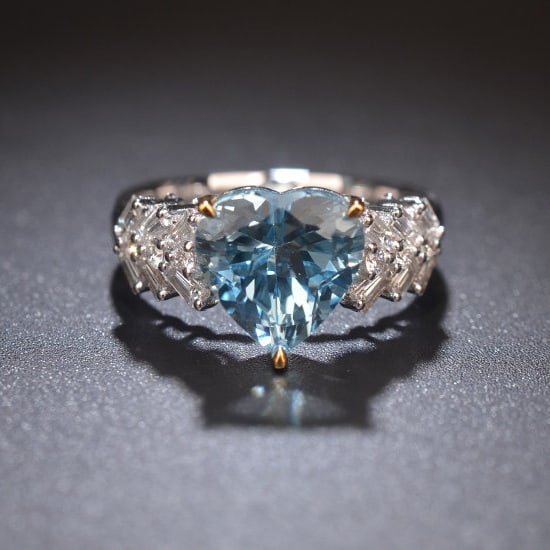 14k Gold 3.04 Ctw Natural Aquamarine & Diamond Ring: Ref:231194192 // gold content:14k gold // ring size:7. 25us // // main gemstone:aquamarine // shape:heart // carat weight:2. 59ct // color:blue // treatment:natural // // adjacent gemstone 2 :