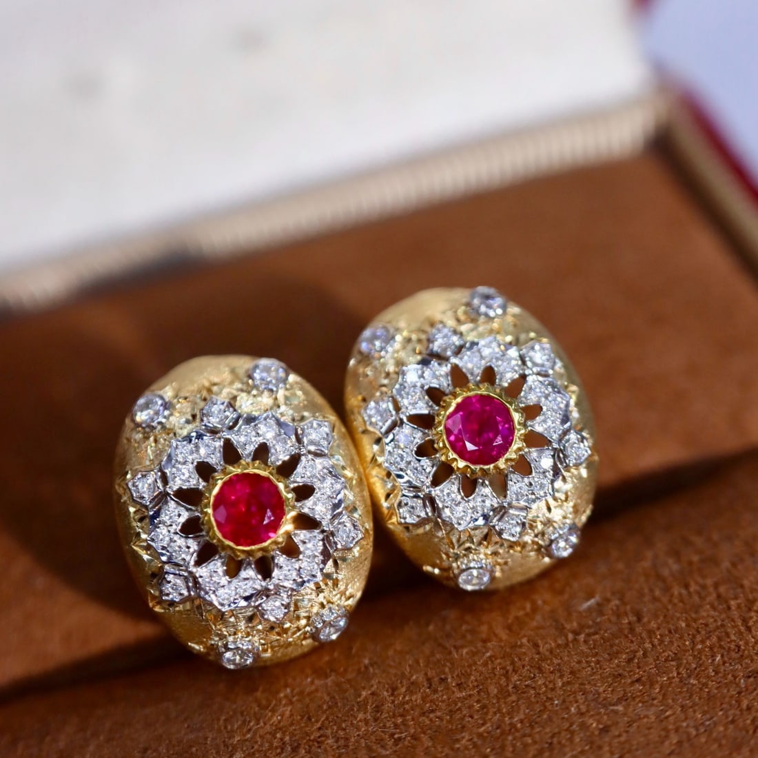 14k Gold 0.58 Ctw Natural Ruby & Diamond Earrings: Ref:231194202 // gold content:14k gold // main gemstone:ruby // shape:round // carat weight:0. 35ct // color:red // treatment:natural // cut grade:g // // adjacent gemstone 2 : diamond // shape:round