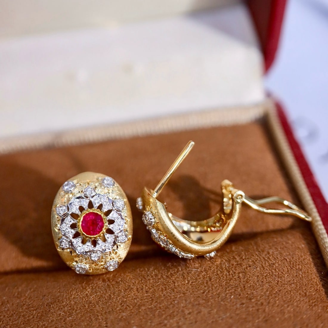 14k Gold 0.58 Ctw Natural Ruby & Diamond Earrings - 4