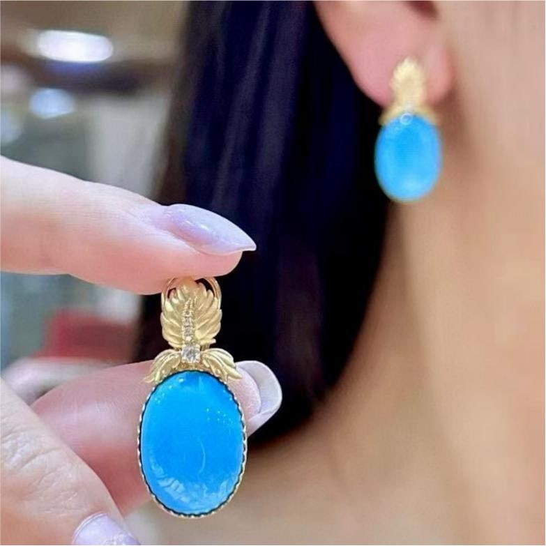 14k Gold 14.96 Ctw Natural Blue Turquoise & Diamond Earrings - 2