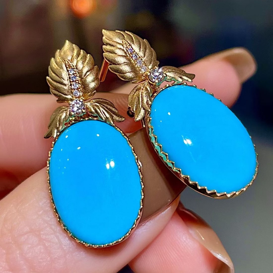 14k Gold 14.96 Ctw Natural Blue Turquoise & Diamond Earrings - 4